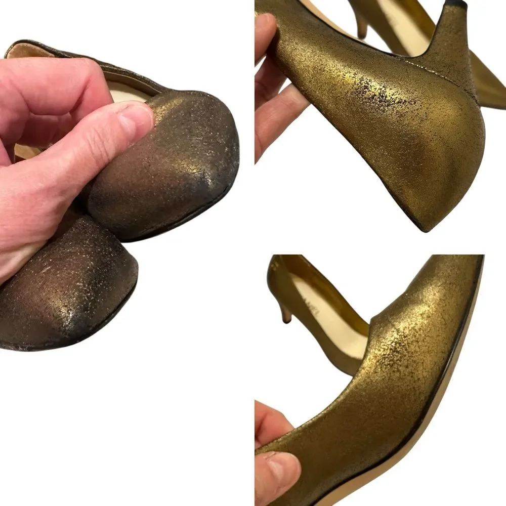 CHANEL CC Logo Metallic Bronze Gold Pointed Toe Pumps Low Heels 39 8.5 9